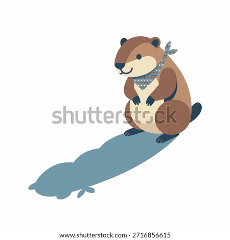 A charming cartoon groundhog, wearing a patterned bandana, stands upright casting a long shadow. This cute and whimsical illustration of a woodland creature.