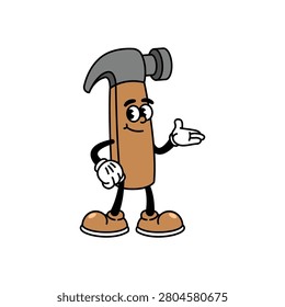 A charming cartoon hammer character with a friendly face, arms, and legs, wearing white gloves and brown shoes, making a welcoming gesture with an open hand. Hammer Retro Mascot.