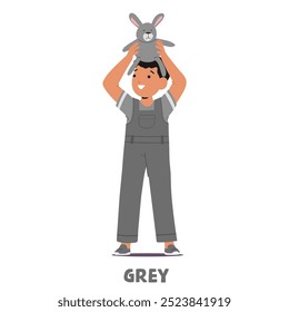 Charmoso Desenho Animado Criança Feliz Segurando um Grey Bunny Toy Acima da Cabeça Capturando Diversão e Imaginação. A criança veste macacões cinza criando uma cena harmoniosa e lúdica para o tema de reconhecimento de cores educacional