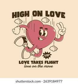 Charming cartoon heart flying in love with peace gesture, retro halftone comic style