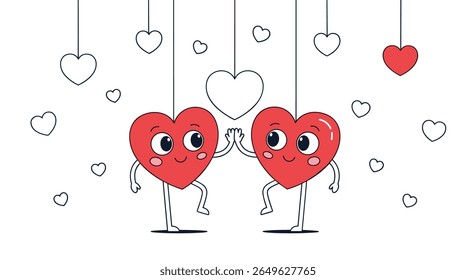 Charming cartoon hearts dancing together celebrating love romance and friendship with many hearts floating around