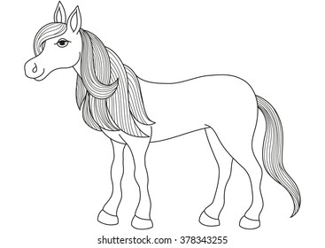 Charming cartoon horse with long golden mane and tail, vector illustration of quiet, gentle and obedient mare, coloring book page for children