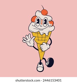 Charming cartoon ice cream figure exuding joy and cheerfulness, reminiscent of classic animations from the 60s and 70s, featuring amusing characters. This trendy illustration captures the essence of r