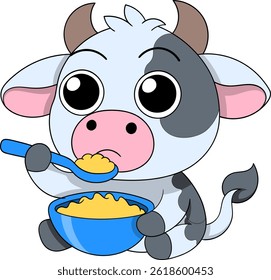 Charming cartoon illustration of a baby cow with big round eyes, holding a bowl of cereal and a spoon, ready to eat
