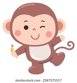 Charming cartoon illustration of a baby dressed in an adorable monkey costume, featuring a curly tail, round ears, and a playful expression while holding a tiny banana.