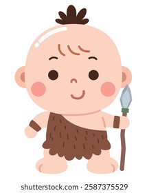 A charming cartoon illustration of a baby dressed as a caveman, holding a spear. The character wears a brown fur outfit