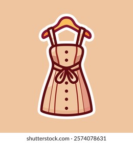 A charming cartoon illustration of a beige dress adorned with a bow and buttons, set against a white background. Perfect for fashion-themed designs and children's illustrations.