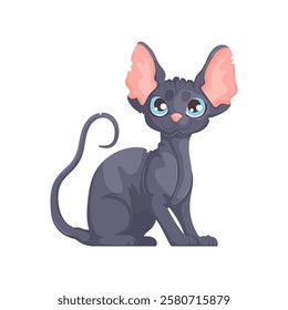 Charming cartoon illustration of a black hairless Sphynx cat sitting with a curious expression, featuring large blue eyes and pink ears. Cartoon Black Sphynx Cat with Blue Eyes