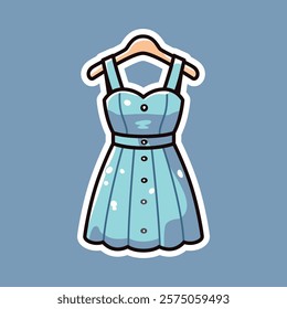 A charming cartoon illustration of a blue dress with buttons, set against a blue background. Perfect for fashion-themed designs, clothing icons, and playful illustrations.