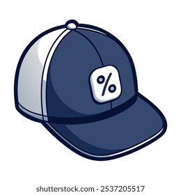 A charming cartoon illustration of a blue and white baseball cap with a percentage sign patch. This fun and playful graphic is ideal for children's clothing,  sports merchandise.