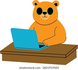 A charming cartoon illustration of a brown bear with large black eyes, diligently typing on a bright blue laptop while seated at a simple wooden desk, showcasing a focused and studious demeanor.