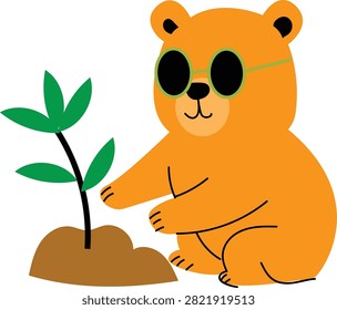 A charming cartoon illustration of a brown bear with black sunglasses, sitting on the ground and carefully tending to a newly planted green sprout in a mound of soil.