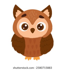 Charming cartoon illustration of a brown owl with big eyes, fluffy feathers, and an adorable expression on a white background. Cute Cartoon Owl with Big Eyes