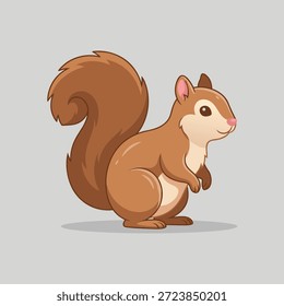 Ilustração encantadora de desenho animado de um esquilo marrom com uma cauda espessa, de pé sobre um fundo cinza claro.