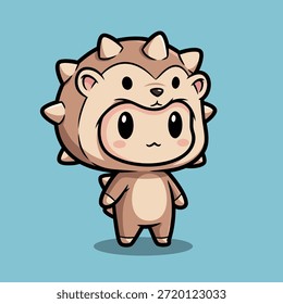 Ilustração charmosa de um personagem vestido com uma fantasia de ouriço, com um rosto amigável e chapéus espetados.