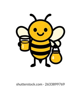 Charming cartoon illustration of a cheerful bee holding a glass of honey in one hand and a pouch of honey in the other. The cute bee design is perfect for children's books, food product packaging, or 