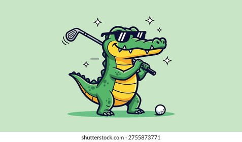 A charming cartoon illustration of a cool alligator wearing sunglasses and playing golf, perfect for sports and animal themes.