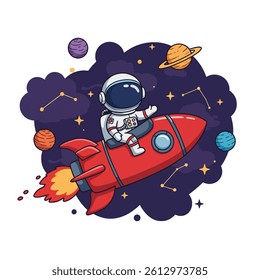 A charming cartoon illustration of a cute astronaut with a closed helmet joyfully riding a vibrant red rocket through a whimsical outer space scene