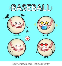 A charming cartoon illustration of cute baseball characters with different facial expressions and props.