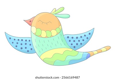 A charming cartoon illustration of a cute and colorful bird in flight