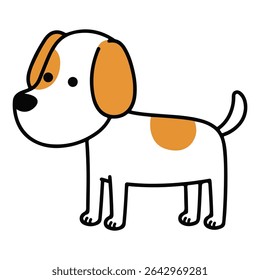 A charming cartoon illustration of a cute puppy with white and brown patches. A friendly, simple design for pet care branding, children's books, or veterinary websites.