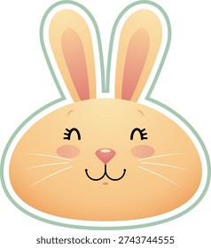 A charming cartoon illustration of a cute rabbit face, perfect for Easter and playful holiday designs. Featuring long ears, closed eyes, a small pink nose, and delicate whiskers, this minimalist flat design with a soft color palette works well as a vector graphic, icon, or clip art for seasonal projects, greeting cards, and digital decorations.