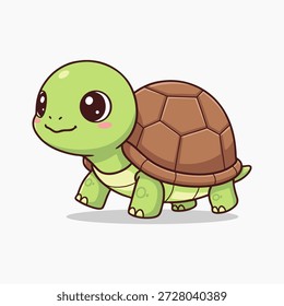 Eine charmante Cartoon-Illustration einer süßen Schildkröte mit einer braunen Schale, die in einem freundlichen und ansprechenden Stil gerendert ist. Einzeln auf weißem Hintergrund.