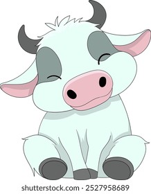  A charming cartoon illustration of a dairy cow sitting with a joyful expression, featuring soft pastel colors and a playful design