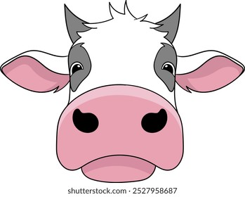 A charming cartoon illustration of a dairy cow's face, featuring a large pink nose and soft black-and-white markings