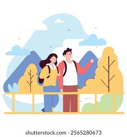 A charming cartoon illustration depicting a happy couple hiking in a beautiful forest. Ideal for travel blogs, websites