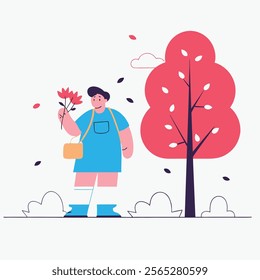 A charming cartoon illustration depicting a person joyfully holding autumn leaves. Perfect for fall-themed websites, blogs, children's books, greeting cards, and social media posts. 