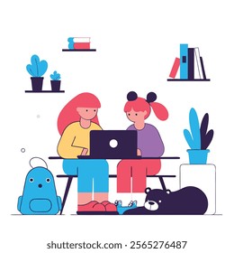 A charming cartoon illustration depicting two girls engrossed in their studies together. Ideal for educational websites, children's books, or projects emphasizing teamwork and collaboration in 