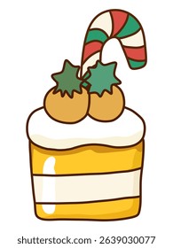 charming cartoon illustration depicts a delightful Christmas dessert, beautifully topped with festive holly berries and a classic candy cane.