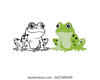 A charming cartoon illustration depicts a friendly green frog in a playful pose, complemented by its clean outline for educational applications.