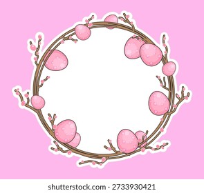 Eine charmante Cartoon-Illustration eines Osterkranzes mit pastellrosa Eiern mit Polka-Punkten, angeordnet auf einem kreisförmigen Kranz aus braunen Zweigen mit kleinen rosa Beeren. Ideal für Frühlingsthemen.
