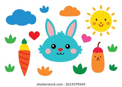 Charming cartoon illustration features a blue rabbit face surrounded by spring-themed elements, set against a clean transparent backdrop.