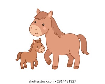 A charming cartoon illustration features a mother horse and her young foal, depicted in warm brown tones. They are shown walking side-by-side against a clean white background, showcasing a heartwarming scene of equine companionship.