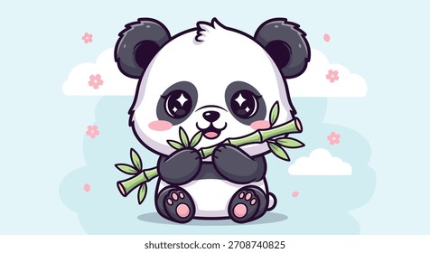 Uma encantadora ilustração de desenho animado apresenta um panda com grandes olhos cintilantes segurando um caule de bambu, contra um pano de fundo azul claro pontilhado com nuvens macias e sotaques florais. A expressão fofa do panda