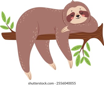 Charming cartoon illustration features a relaxed sloth sleeping soundly on a tree branch, surrounded by lush green leaves, conveying tranquility and the beauty of nature