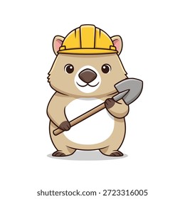 Eine charmante Cartoon-Illustration mit einem bezaubernden Wombat-Charakter. Der Wombat ist mit einer Schaufel und einem gelben harten Hut dargestellt, was auf eine Konstruktion oder ein Gartenthema hindeutet. Dieses reizende Kunstwerk ist perfekt für Kinderbücher, Lehrmaterialien oder jedes Projekt, das einen Hauch von Niedlichkeit und Laune benötigt.