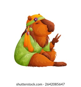 A charming cartoon illustration featuring a capybara dressed in a hippiestyle outfit, complete with headband and floral shirt. The capybara is making a peace sign.