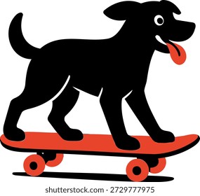 Una encantadora ilustración de dibujos animados con un perro negro alegre que se equilibra hábilmente en un monopatín rojo brillante. La silueta del perro se muestra prominentemente, con su cola meneando y la lengua colgando juguetonamente, lo que indica alegría y emoción. El vibrante monopatín rojo proporciona un contraste llamativo contra el pelaje oscuro del perro, haciendo que la Imagen destaque. Este gráfico caprichoso transmite una sensación de diversión, aventura y energía lúdica, perfecto para diseños dirigidos a jóvenes, amantes de las mascotas o cualquier persona que aprecie un tema alegre y activo.