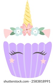 Charming cartoon illustration featuring a cute purple unicorn cupcake adorned with a floral crown and a golden horn, perfect for enhancing children s designs and celebrations