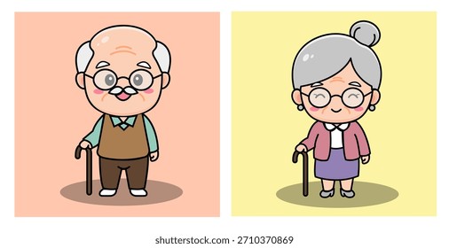 A charming cartoon illustration featuring a cute grandparent couple. The design showcases a senior man and woman character with sweet facial expressions and simple shapes.