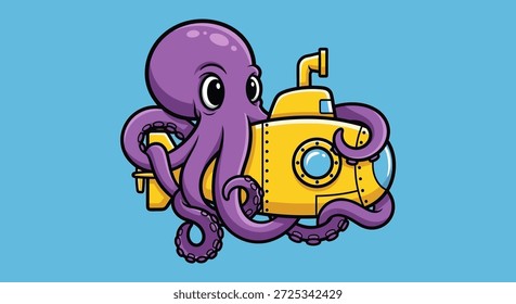Una encantadora ilustración de dibujos animados con un lindo pulpo morado pilotando un submarino amarillo brillante. La obra de arte captura un sentido de aventura y exploración submarina, perfecto para los niños