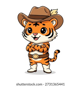 Uma charmosa ilustração de desenho animado com um tigre bonito vestido como um cowboy. O tigre está de pé com os braços cruzados, exalando confiança e charme. A obra de arte é perfeita para livros infantis, cartões de felicitações e vários projetos criativos.