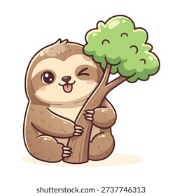 A charming cartoon illustration featuring a cute sloth hugging a tree. The sloth is depicted in a cheerful and endearing style, making it perfect for children content and other lighthearted projects. This adorable artwork captures the lovable nature of sloths and is ideal for various creative applications.