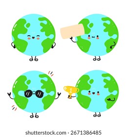 Una encantadora ilustración de dibujos animados con cuatro adorables personajes de la Tierra que expresan varias emociones y sostienen accesorios como un letrero y un trofeo.