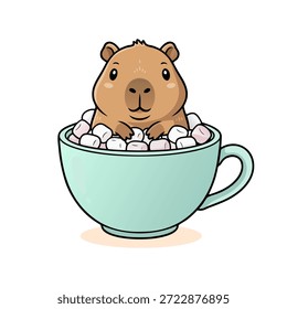 Encantadora ilustración de dibujos animados con un amigable capibara asomándose de una taza azul claro rebosante de esponjosos malvaviscos blancos y rosados. Perfecto para temas acogedores, lindos y alegres.