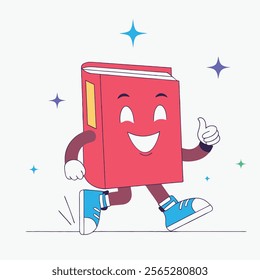 A charming cartoon illustration featuring a purple hardcover book and a friendly character. Ideal for children's books, educational materials, websites, and marketing campaigns related to reading, 